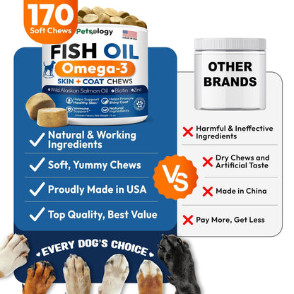 Omega 3 Fish Oil for Dogs 170 Chews Dogs Itchy Skin Allergy Relief Skin Coat