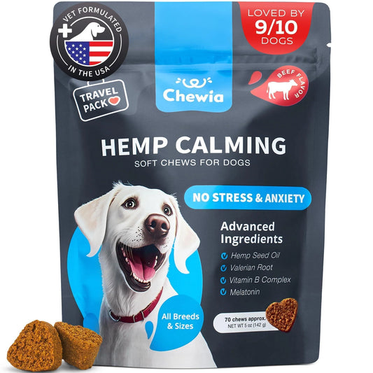 Dog Calming with Melatonin Chamomile Extract Valerian Root Travel Pack 70 Chews Anxiety Support Chews for Vet Visits Grooming Nail Trimming Storms