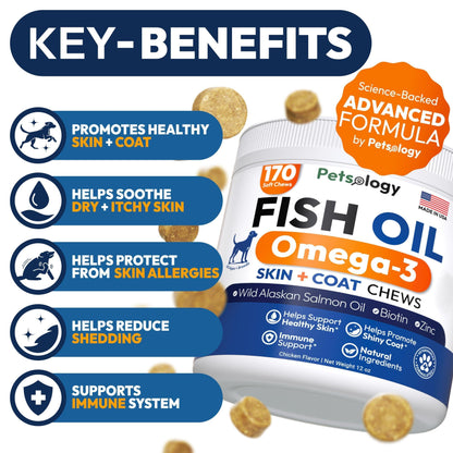Omega 3 Fish Oil for Dogs 170 Chews Dogs Itchy Skin Allergy Relief Skin Coat