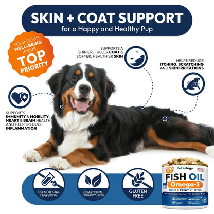 Omega 3 Fish Oil for Dogs 170 Chews Dogs Itchy Skin Allergy Relief Skin Coat